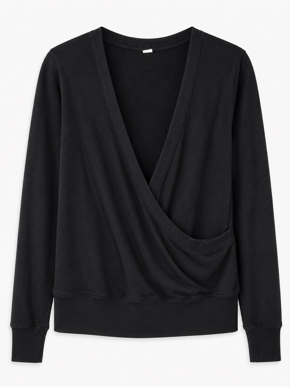 Black Wrap Front Long Sleeve Pullover Top Size Large Surplice Draped Athleisure
